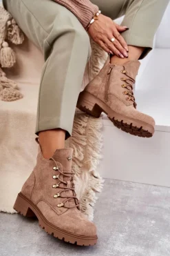 Klasyczne Damskie Zamszowe Botki Beżowe Telma