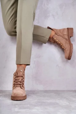 Klasyczne Damskie Zamszowe Botki Beżowe Telma