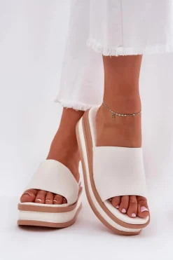 Klasyczne Klapki Damskie Na Platformie I Koturnie Białe Florenis