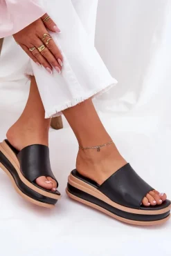 Klasyczne Klapki Damskie Na Platformie I Koturnie Czarne Florenis
