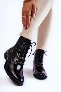 Klasyczne Lakierowane Damskie Ocieplane Botki Czarne Grimma