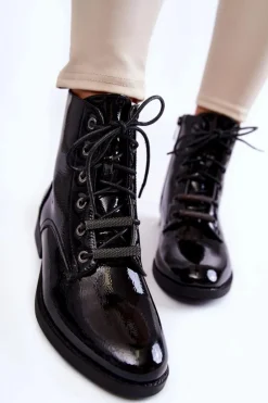 Klasyczne Lakierowane Damskie Ocieplane Botki Czarne Grimma