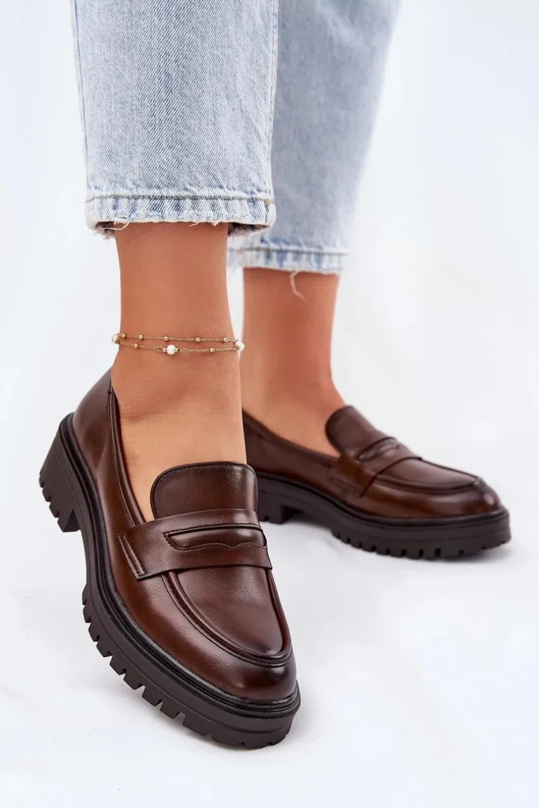 Klasyczne Mokasyny Damskie Z Eko Skóry Brązowe Enticca