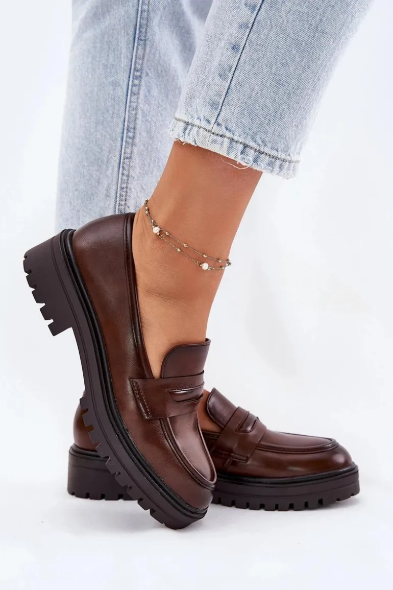 Klasyczne Mokasyny Damskie Z Eko Skóry Brązowe Enticca