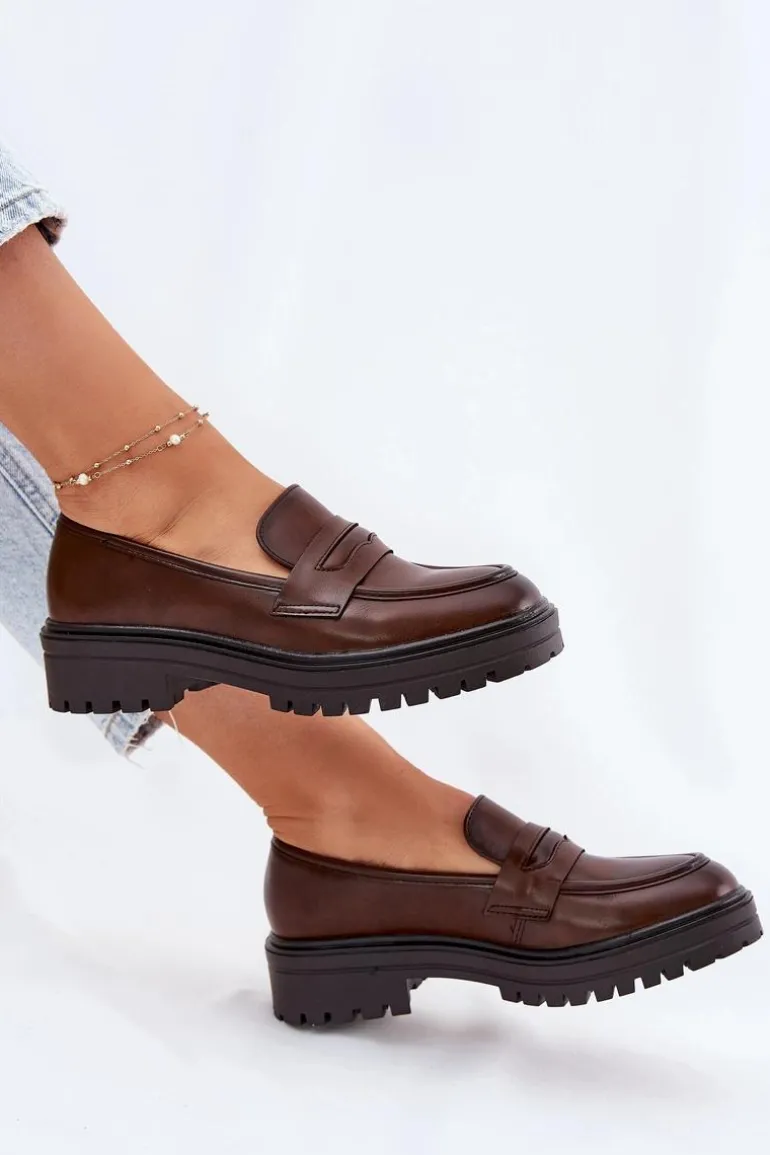 Klasyczne Mokasyny Damskie Z Eko Skóry Brązowe Enticca