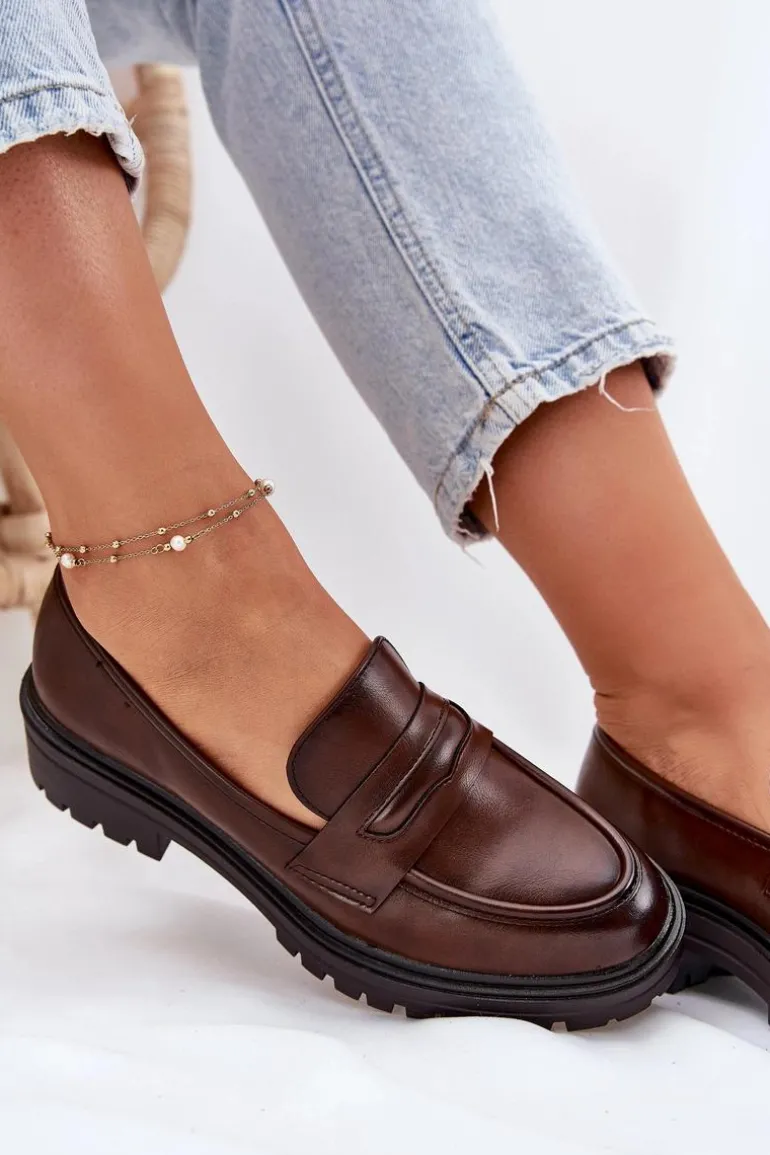 Klasyczne Mokasyny Damskie Z Eko Skóry Brązowe Enticca