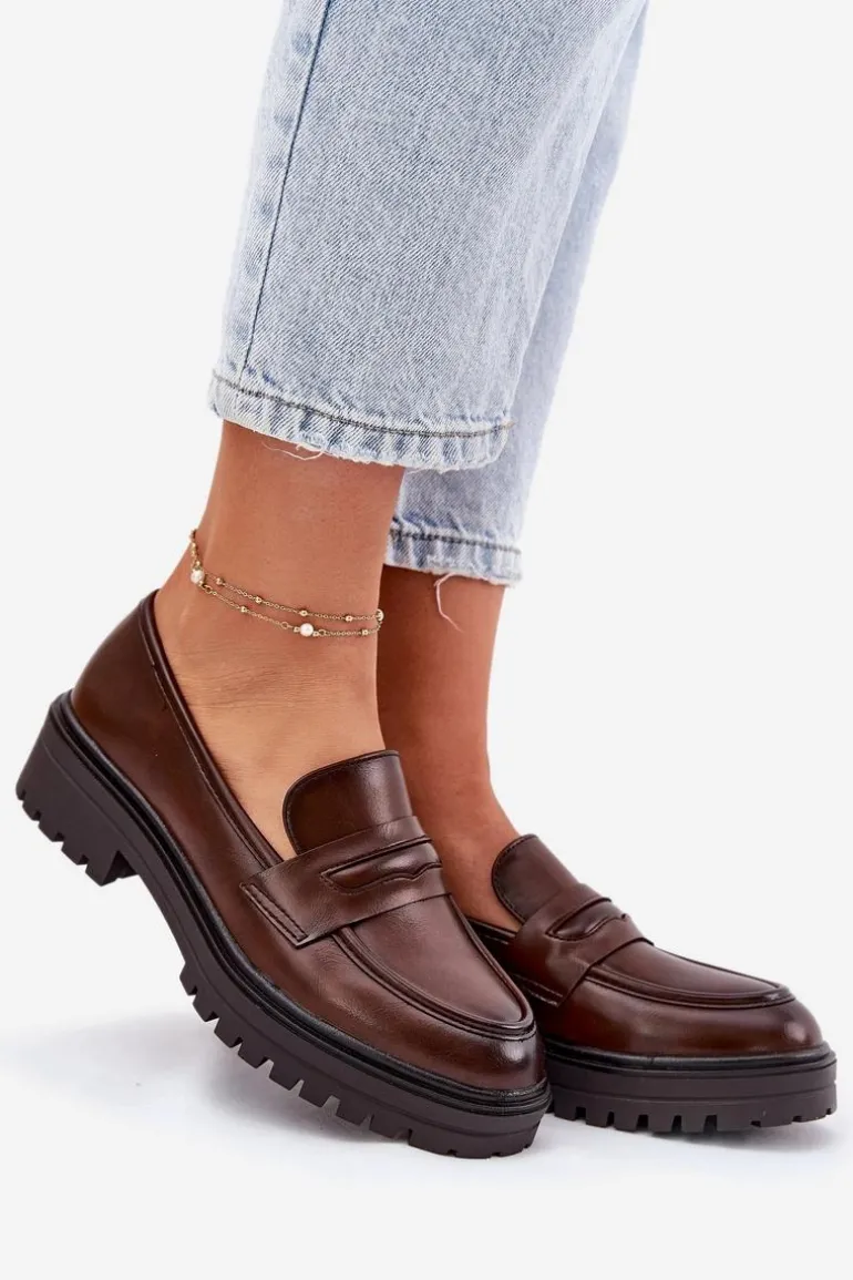 Klasyczne Mokasyny Damskie Z Eko Skóry Brązowe Enticca