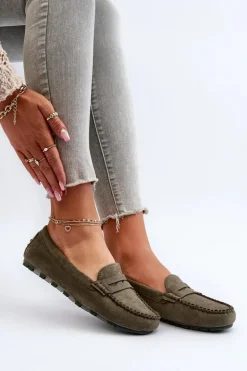 Klasyczne Mokasyny Damskie Zamszowe Ciemnozielone Glimris