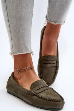 Klasyczne Mokasyny Damskie Zamszowe Ciemnozielone Glimris