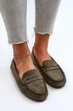 Klasyczne Mokasyny Damskie Zamszowe Ciemnozielone Glimris