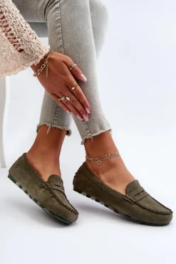 Klasyczne Mokasyny Damskie Zamszowe Ciemnozielone Glimris