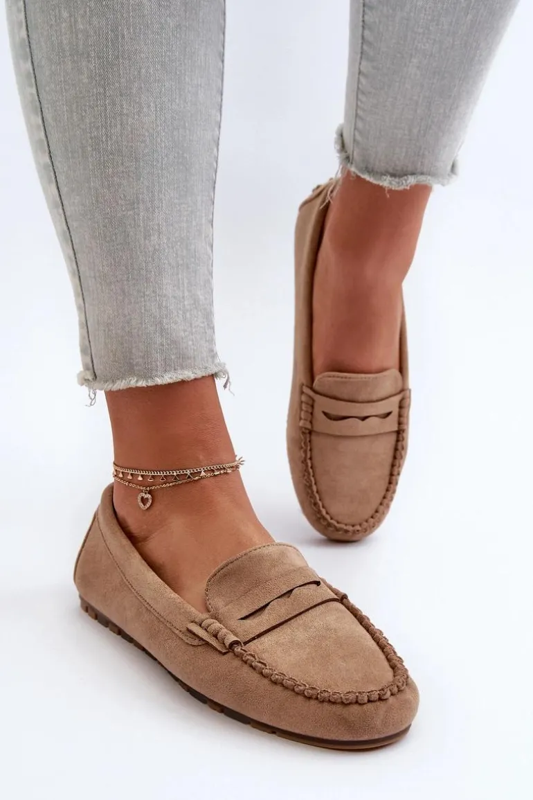 Klasyczne Mokasyny Damskie Zamszowe Ciemnobeżowe Glimris