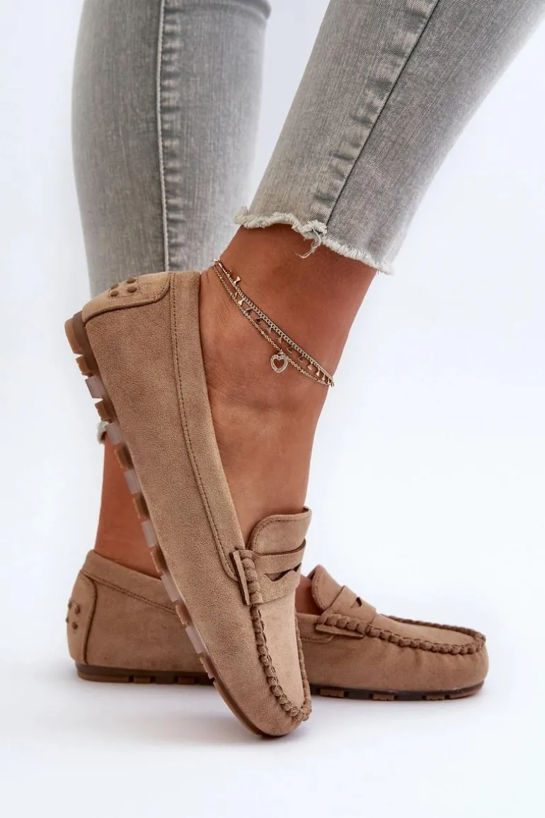 Klasyczne Mokasyny Damskie Zamszowe Ciemnobeżowe Glimris