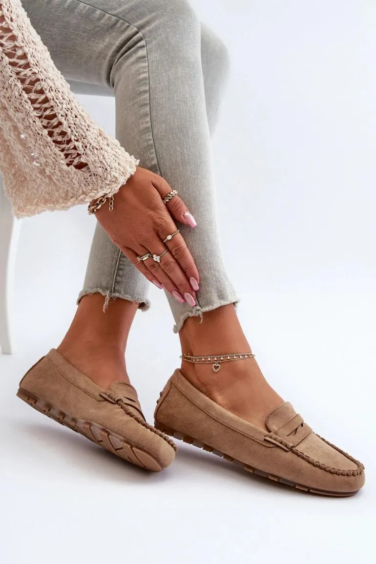 Klasyczne Mokasyny Damskie Zamszowe Ciemnobeżowe Glimris