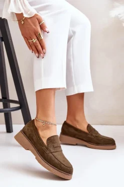 Klasyczne Mokasyny Damskie Z Eko Zamszu Ciemnozielone Belania