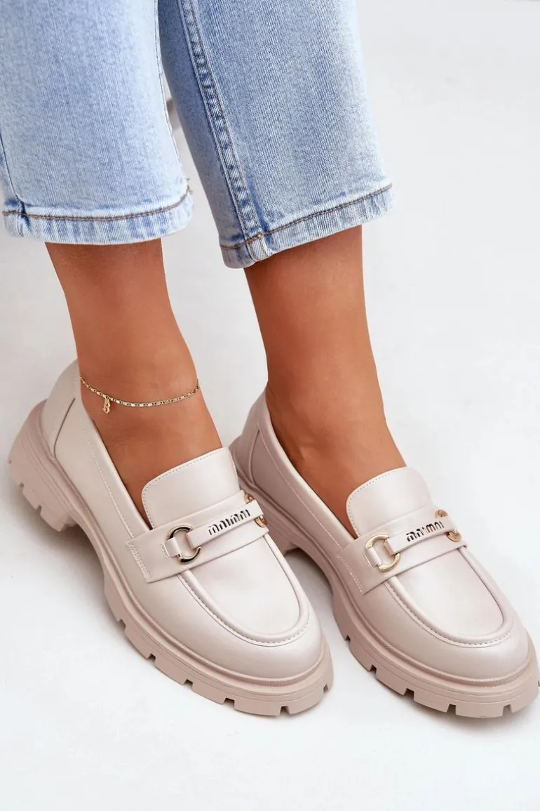 Klasyczne Mokasyny Damskie Z Eko Skóry Beżowe Savethira