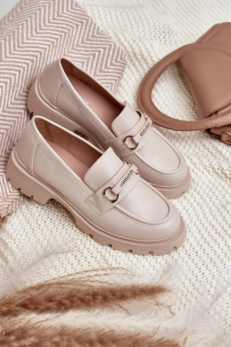 Klasyczne Mokasyny Damskie Z Eko Skóry Beżowe Savethira