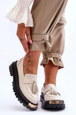 Klasyczne Półbuty Mokasyny Z Frędzlami Beżowe Lonisa