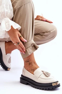 Klasyczne Półbuty Mokasyny Z Frędzlami Beżowe Lonisa