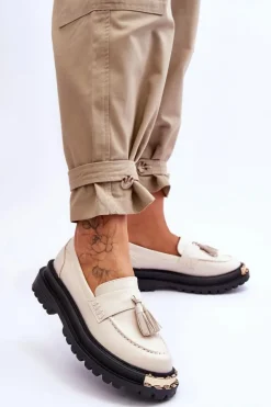 Klasyczne Półbuty Mokasyny Z Frędzlami Beżowe Lonisa