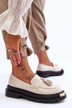 Klasyczne Półbuty Mokasyny Z Frędzlami Beżowe Lonisa