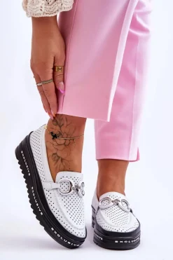 Klasyczne Skórzane Ażurowe Mokasyny Z Ozdobą Białe Rendy