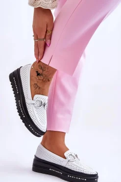 Klasyczne Skórzane Ażurowe Mokasyny Z Ozdobą Białe Rendy