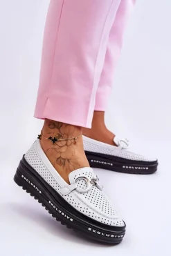 Klasyczne Skórzane Ażurowe Mokasyny Z Ozdobą Białe Rendy