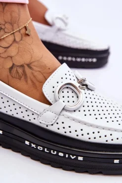 Klasyczne Skórzane Ażurowe Mokasyny Z Ozdobą Białe Rendy
