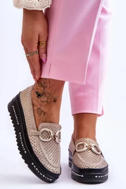 Klasyczne Skórzane Ażurowe Mokasyny Z Ozdobą Złote Rendy