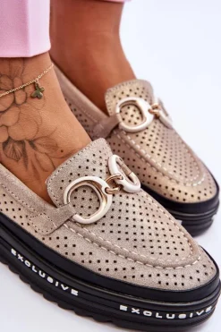 Klasyczne Skórzane Ażurowe Mokasyny Z Ozdobą Złote Rendy