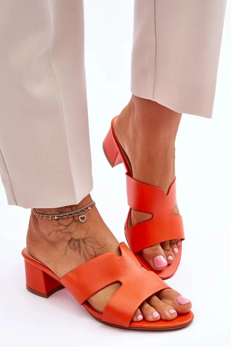 Klasyczne Skórzane Klapki Na Niskim Obcasie Pomarańczowe Miley
