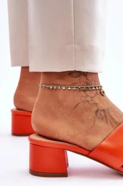 Klasyczne Skórzane Klapki Na Niskim Obcasie Pomarańczowe Miley