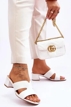 Klasyczne Skórzane Klapki Na Niskim Obcasie Białe Miley