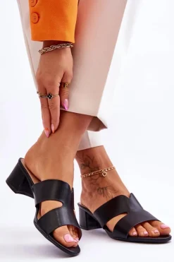Klasyczne Skórzane Klapki Na Niskim Obcasie Czarne Miley