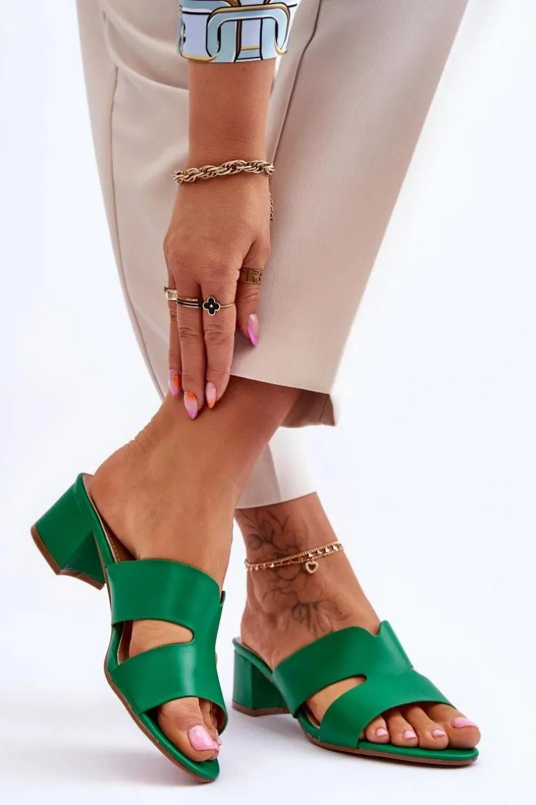 Klasyczne Skórzane Klapki Na Niskim Obcasie Zielone Miley