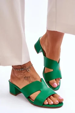 Klasyczne Skórzane Klapki Na Niskim Obcasie Zielone Miley