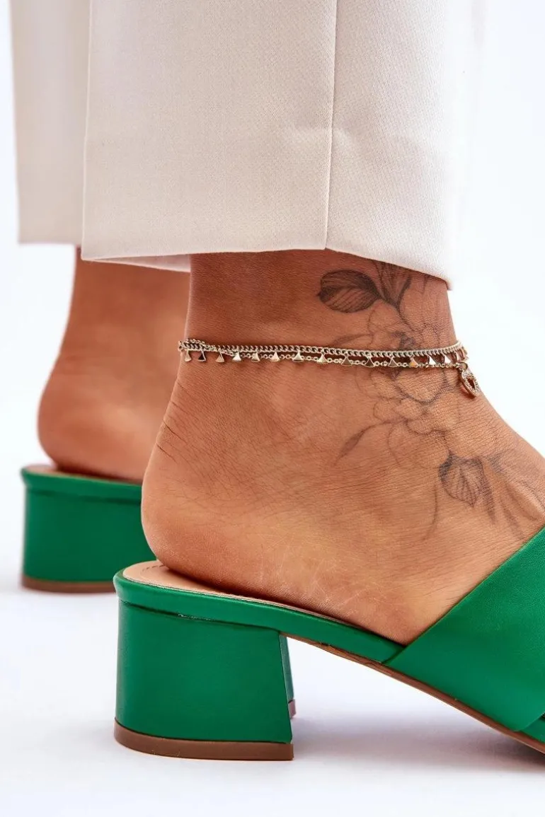 Klasyczne Skórzane Klapki Na Niskim Obcasie Zielone Miley