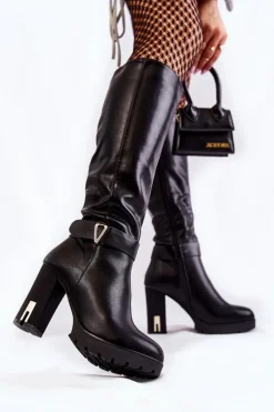 Klasyczne Skórzane Kozaki Na Słupku Czarne Kornelli