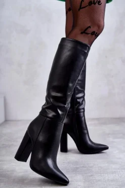 Klasyczne Skórzane Kozaki Na Obcasie Czarne Tressa