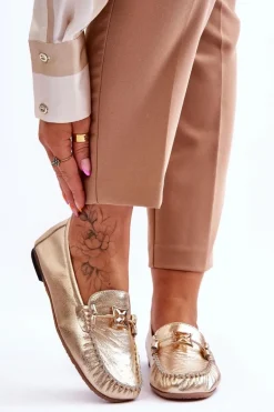 Klasyczne Skórzane Mokasyny Z Ozdobą Laura Messi 2459 Złote