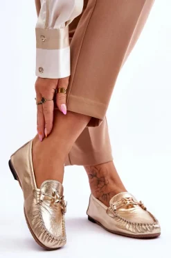 Klasyczne Skórzane Mokasyny Z Ozdobą Laura Messi 2459 Złote