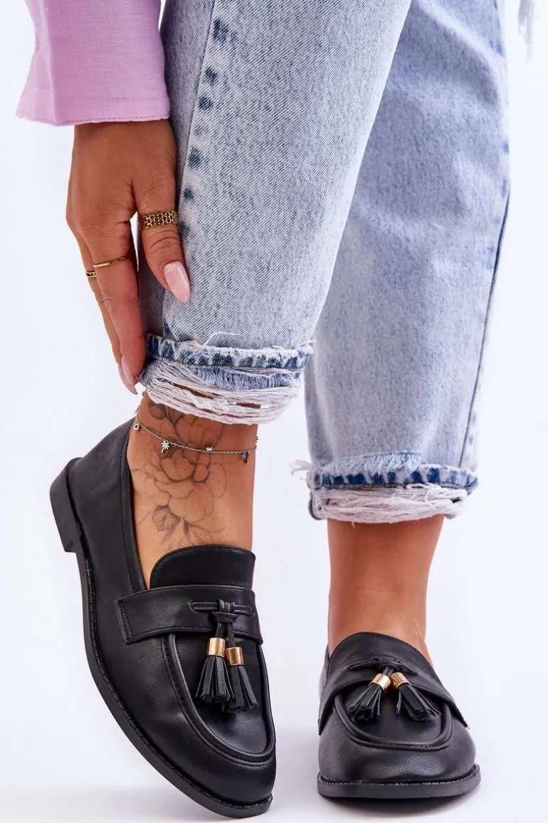 Klasyczne Skórzane Mokasyny Z Frędzlami Czarne Camis