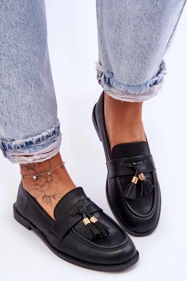 Klasyczne Skórzane Mokasyny Z Frędzlami Czarne Camis