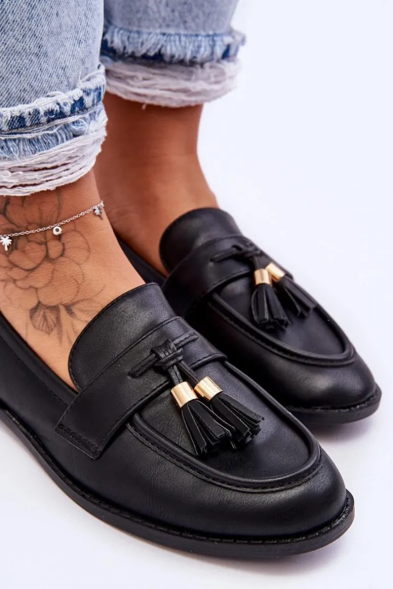 Klasyczne Skórzane Mokasyny Z Frędzlami Czarne Camis