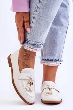 Klasyczne Skórzane Mokasyny Z Frędzlami Białe Camis