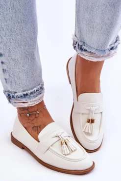 Klasyczne Skórzane Mokasyny Z Frędzlami Białe Camis