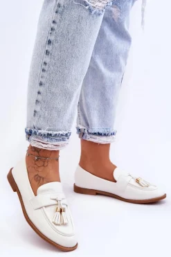 Klasyczne Skórzane Mokasyny Z Frędzlami Białe Camis