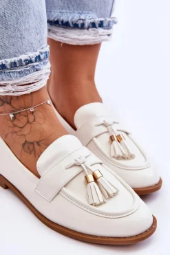 Klasyczne Skórzane Mokasyny Z Frędzlami Białe Camis