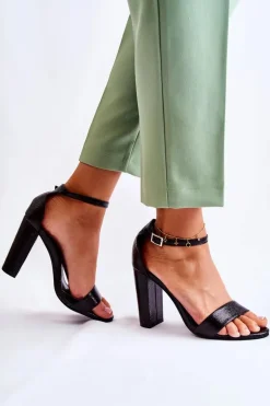Klasyczne Skórzane Sandałki Na Słupku Czarne Sallen